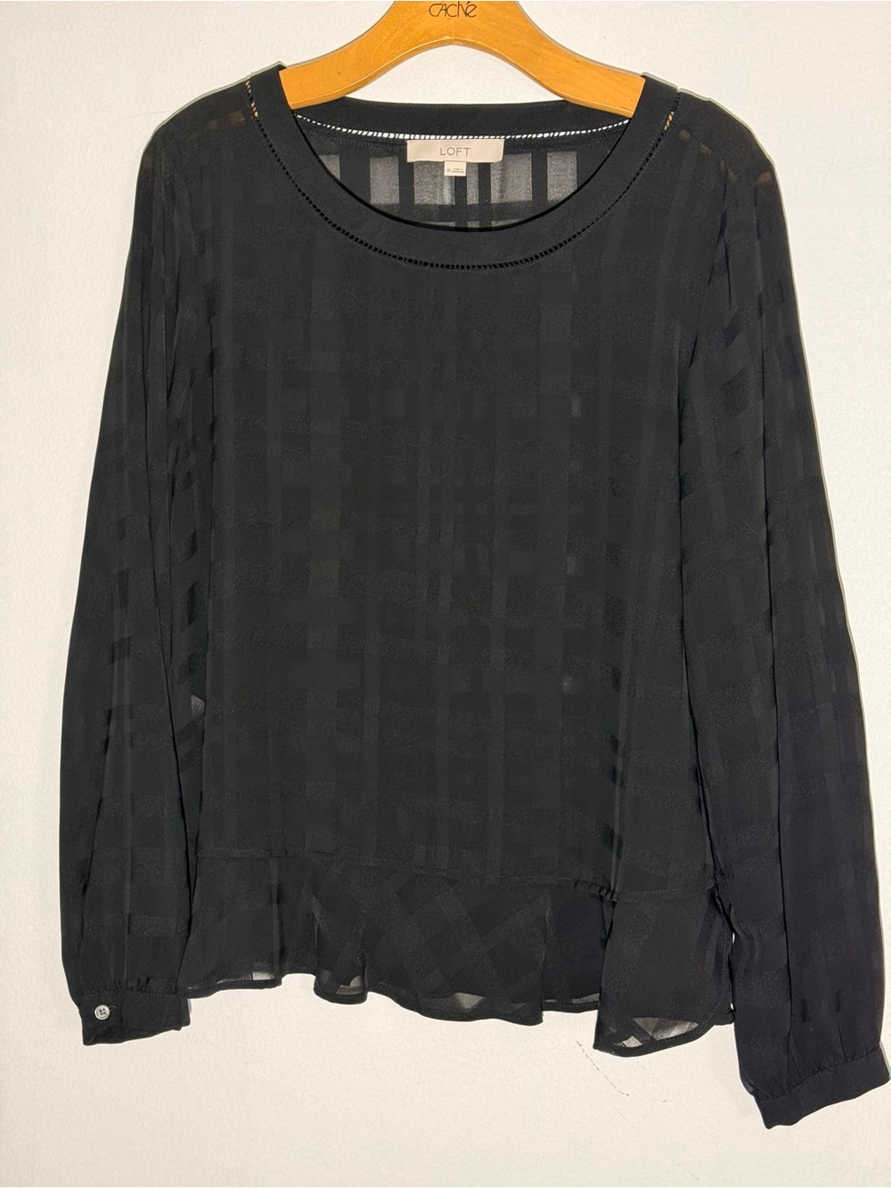 LOFT Black Sheer Plaid Long Sleeve Blouse Size M Ruffle Hem Work Top